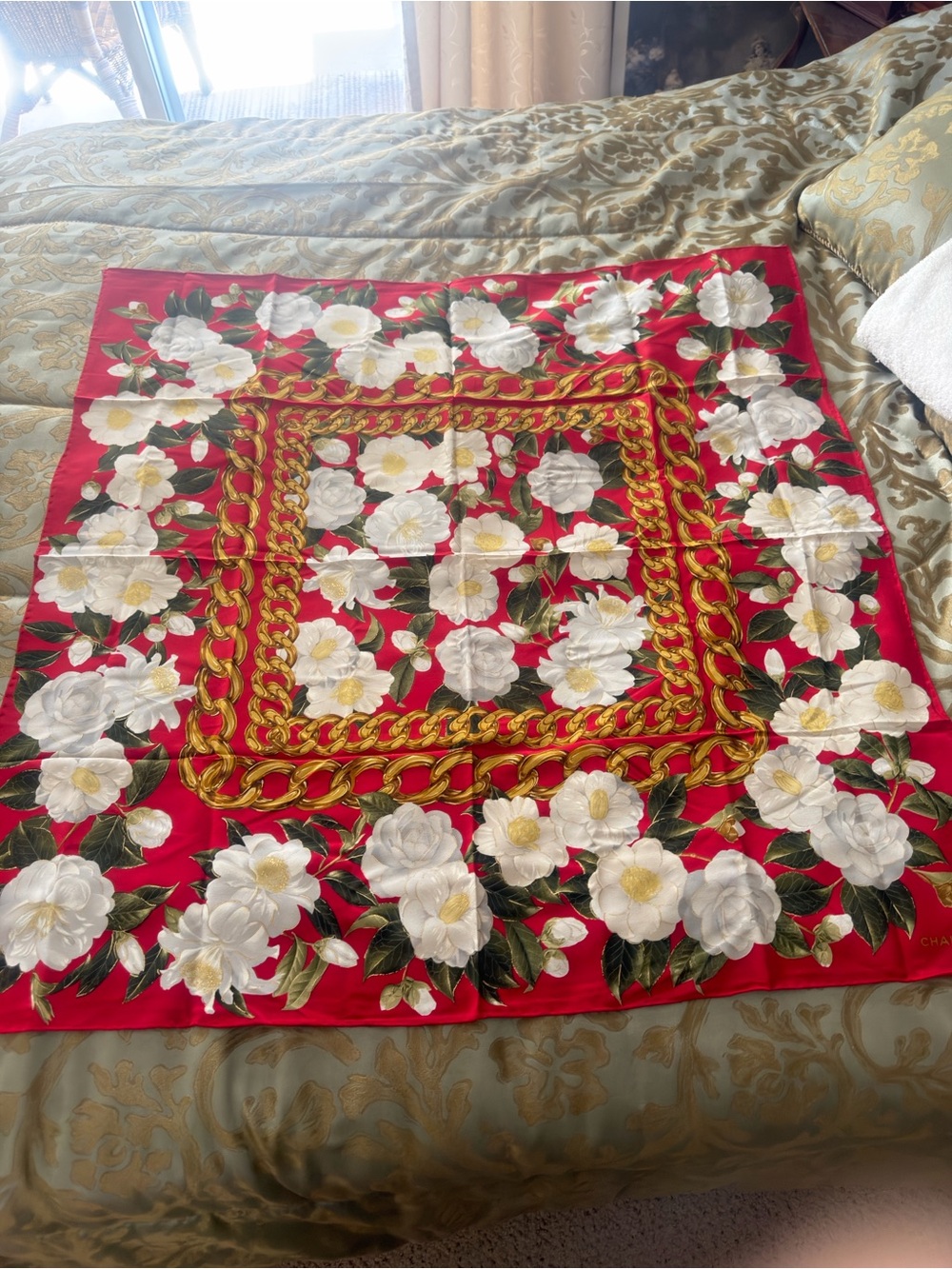 CHANEL Red and Gold Silk Scarf Corner with Floral Detail